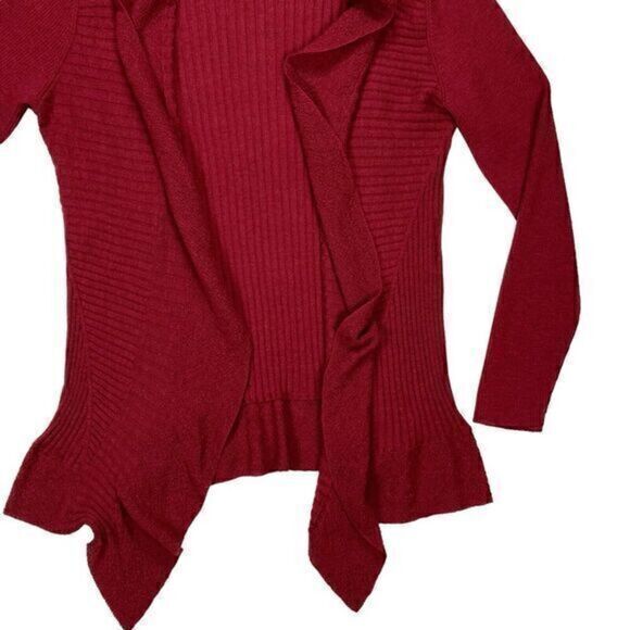 Eileen Fisher Wool Cardigan Sweater Womens Medium Burgundy Open Front Ruffle Hem - Picture 4 of 16